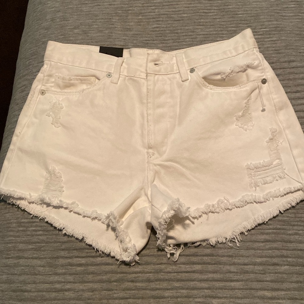 Blank NYC High Rise white distressed button fly jean shorts size 29